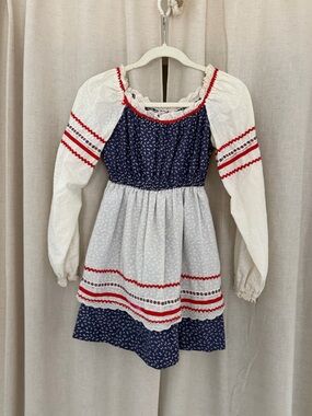 Irene Kasmer Vintage Dress 70’s Navy & White Peasant Dress with Red Trim